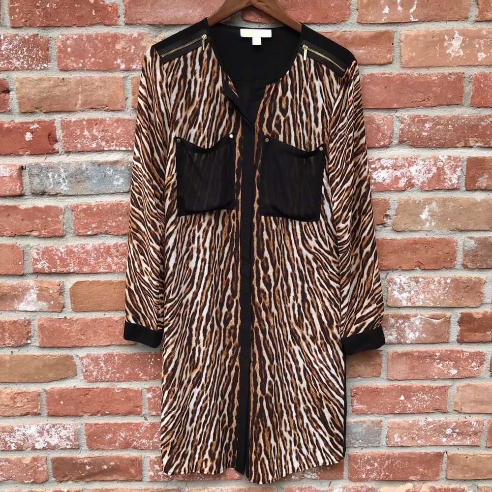 Michael Kors Brown Black Animal Print Long Shirt Dress